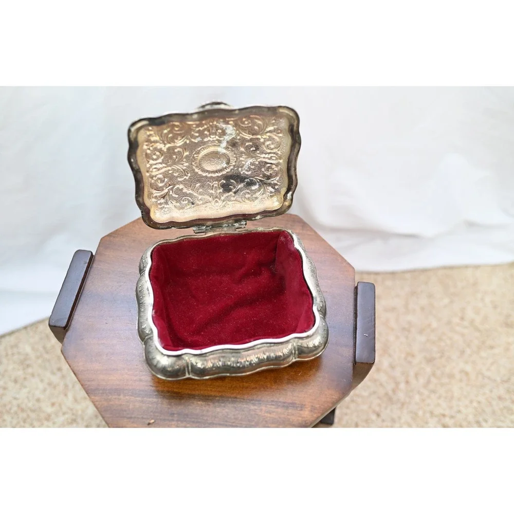 Vintage Silver Plated Jewelry Box Red Velvet Lined Ornate Repousse Floral Box